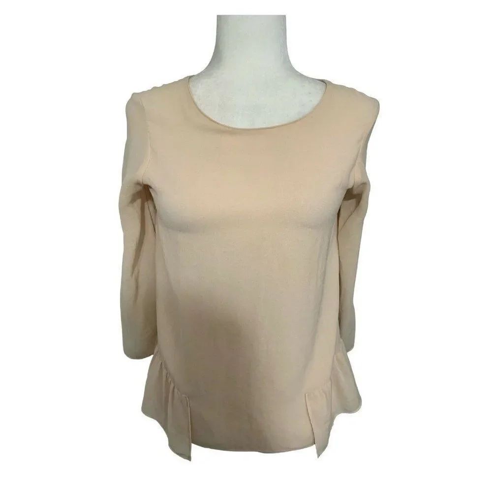 zara womens solid beige crew neck long sleeve top blouse xs
